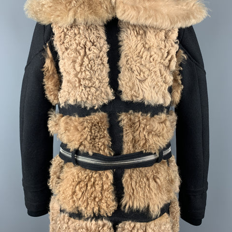 HOOD BY AIR Size 36 Black & Tan Fur Panel Layer Hooded Coat