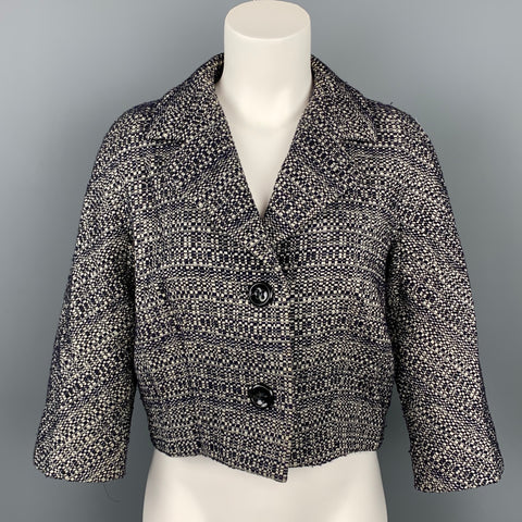 MAX MARA Talla 6 Chaqueta de mezcla de algodón bouclé azul marino y blanco Blazer recortado