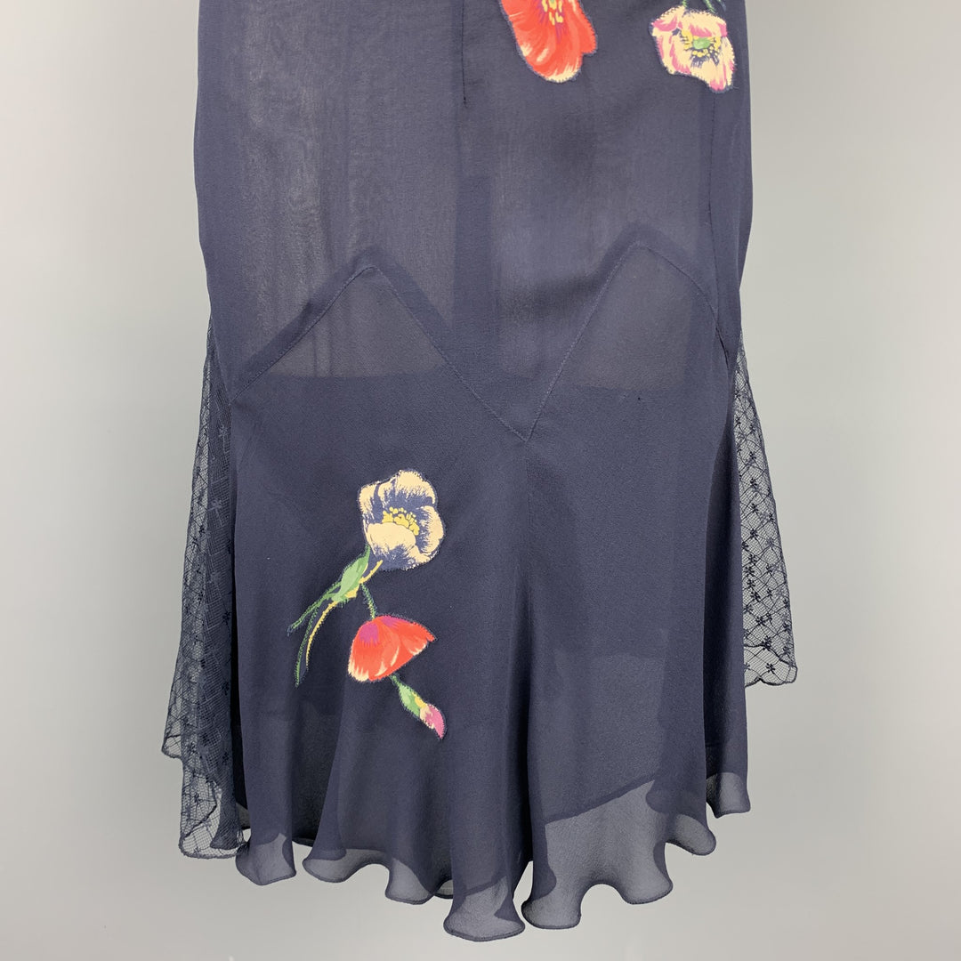 JIL STUART Falda con panel de encaje de seda floral azul marino talla 6
