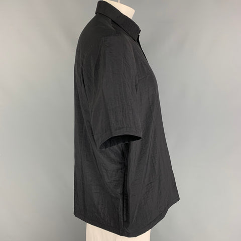 WEEKDAY Size L Black Textured Polyamide Button Up Short Sleeve Shirt