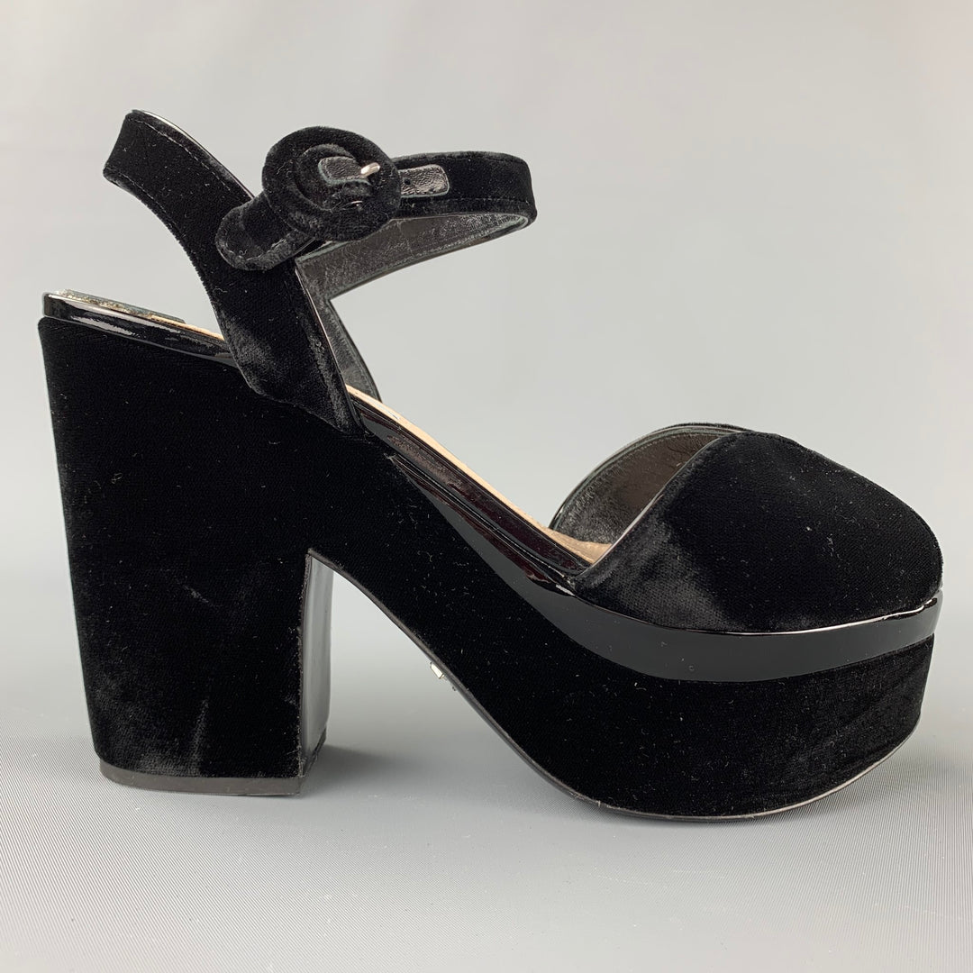 PRADA Size 10 Black Velvet Patent Leather Peep Toe Platform Sandals