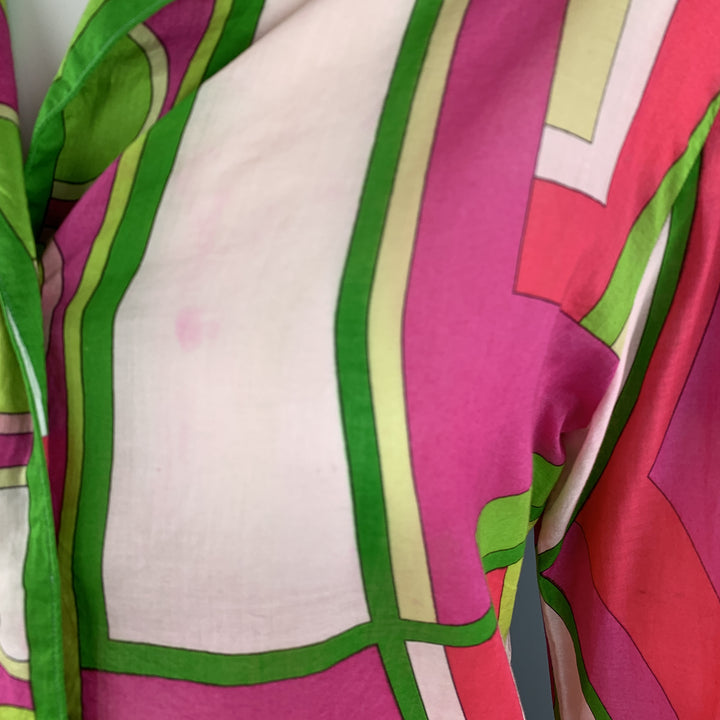EMILIO PUCCI Vintage Talla M Blusa de cuello extendido de algodón con estampado fucsia y verde