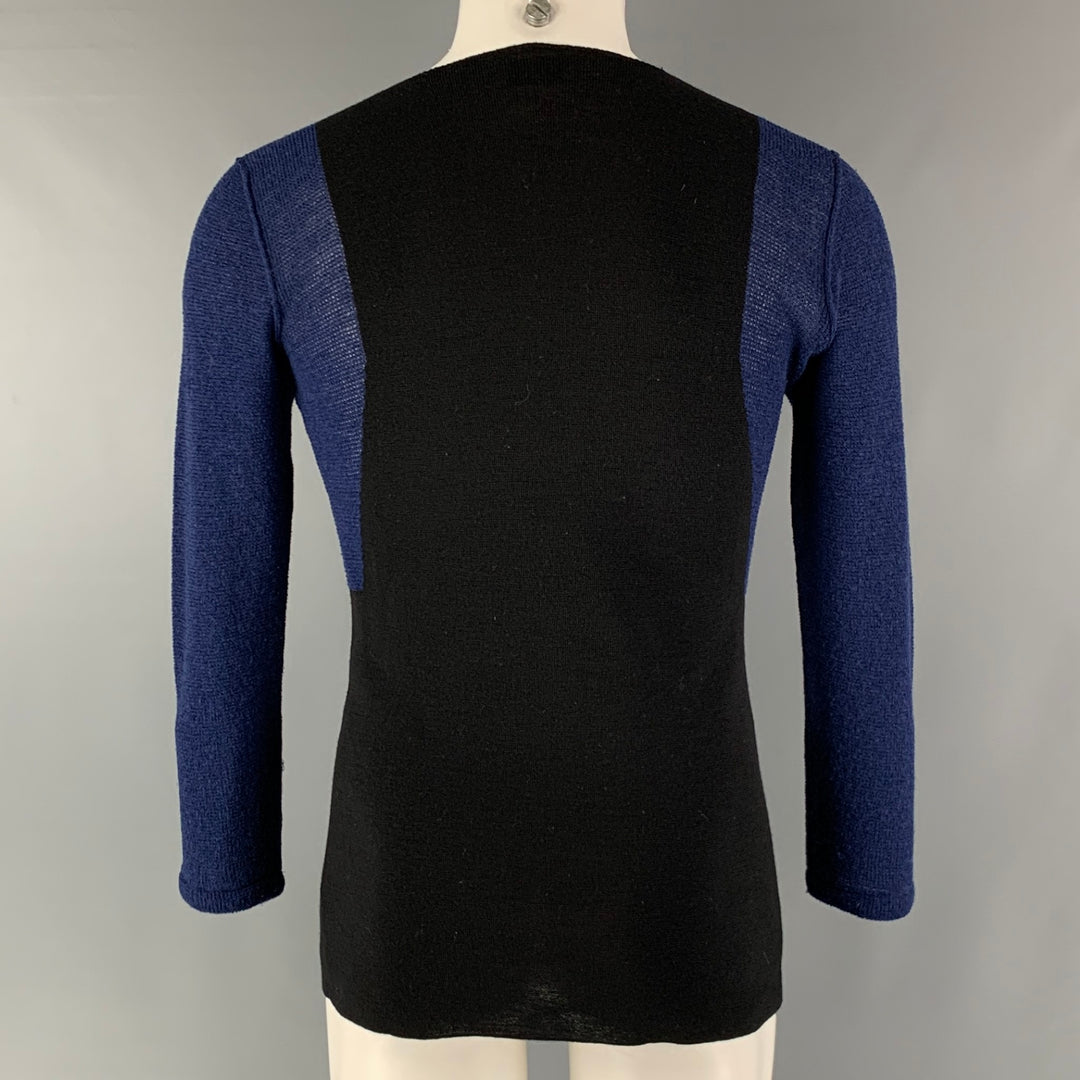 LANVIN Size M Navy Black Color Block Knitted Square Collar Pullover