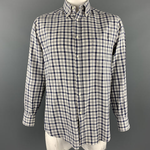 BRUNELLO CUCINELLI Size XXL Grey & Navy Plaid Cotton Long Sleeve Shirt