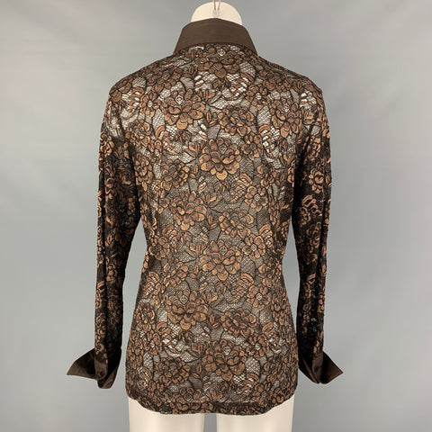 ANNE FONTAINE Brown &  Gold  Lace Button Up Size L Shirt