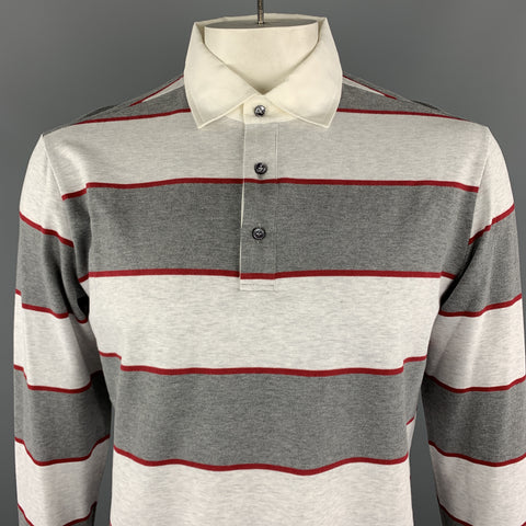 LORO PIANA Size XL Grey Stripe Cotton Half Buttoned Long Sleeve POLO