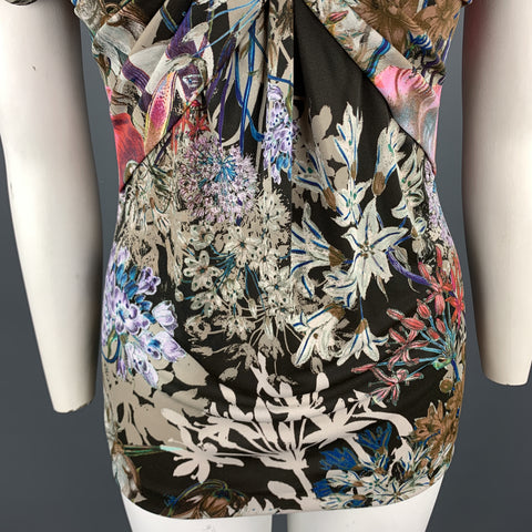 ETRO Size 12 Beige Multi-Color Floral Draped Jersey Blouse