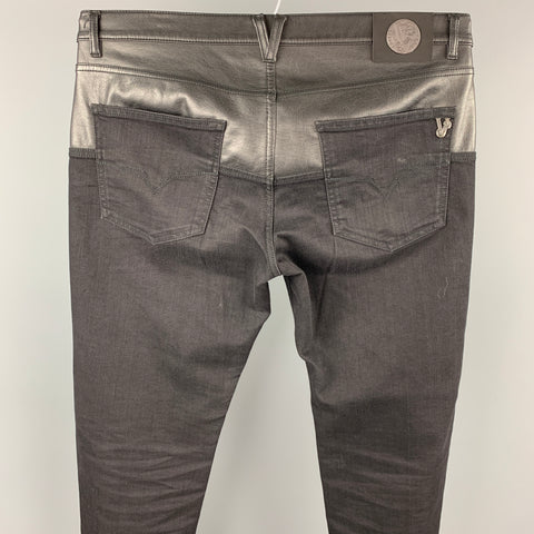 VERSACE JEANS Taille 36 Jean noir en coton / polyester avec bordure en cuir et braguette zippée