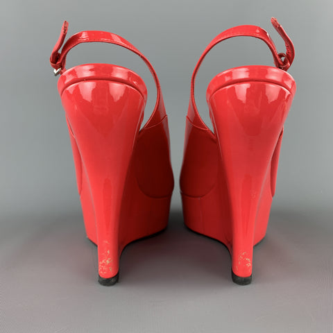 GUCCI Size 9.5 Coral Red Patent Leather Platform Peep Toe Slingback Wedges