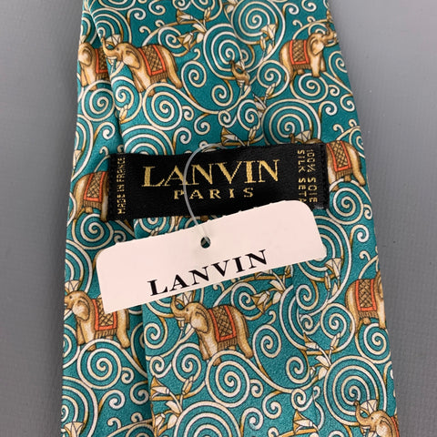 LANVIN Mint Gold Elephant Print Silk Tie