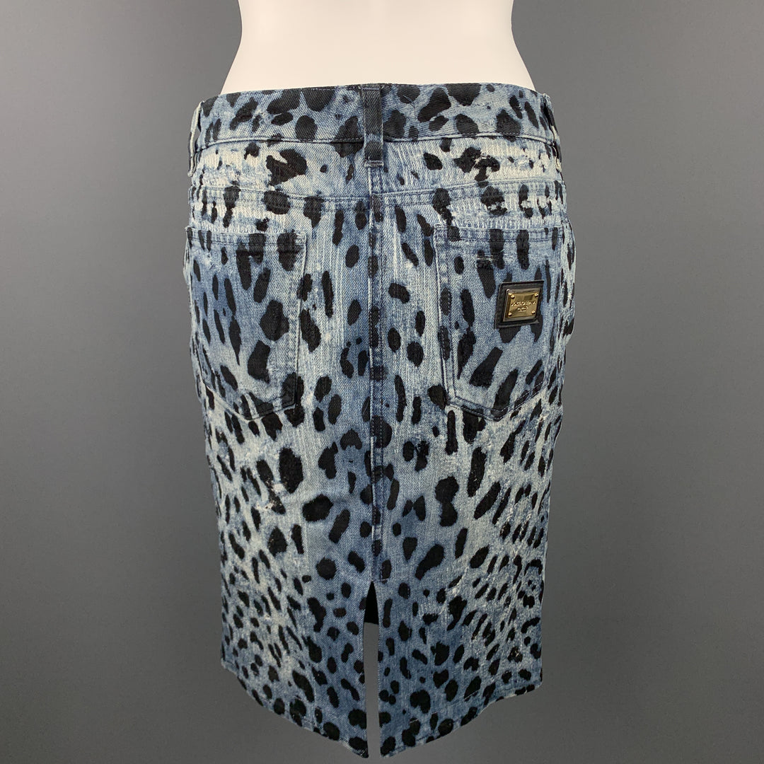DOLCE & GABBANA Size 6 Blue Lepard Print Distressed Denim Pencil Skirt