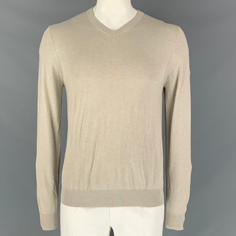 FACONNABLE Size L Oatmeal Solid Silk Blend V-Neck Pullover