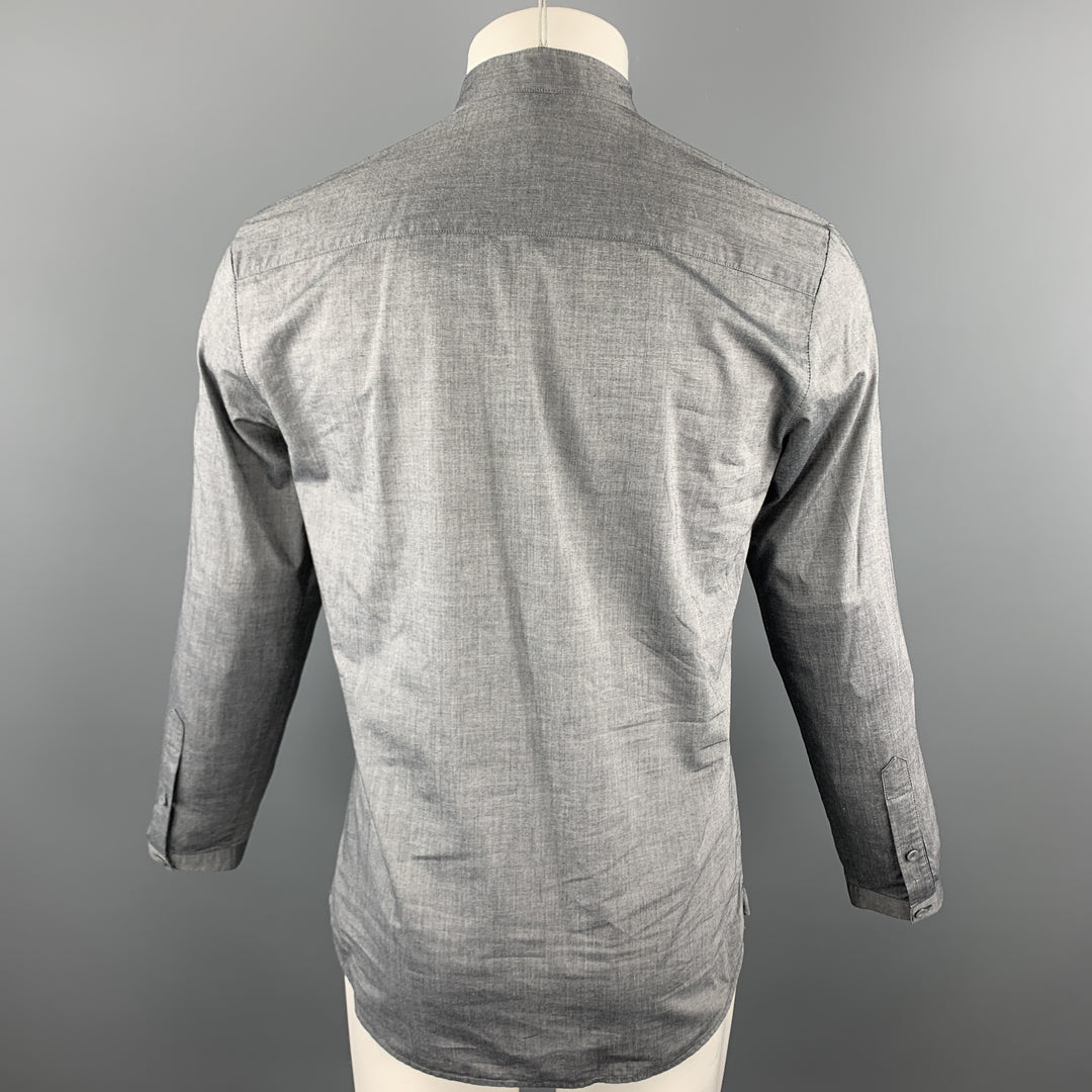 EMPORIO ARMANI Camisa de manga larga con cuello Nehru de algodón liso gris oscuro talla S