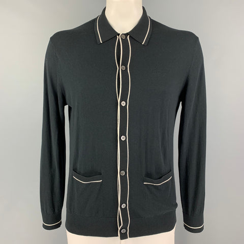 TODD SNYDER Size L Navy White Silk / Cotton Buttoned Cardigan
