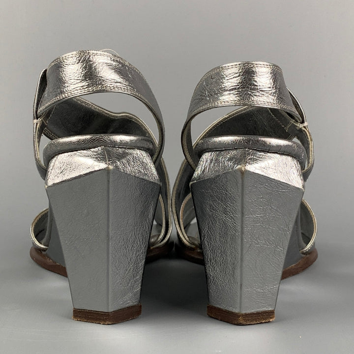 MARC JACOBS Size 7 Silver Leather Wedge Nickel Sandals