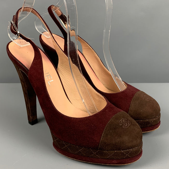 CHANEL Size 7.5 Burgundy Brown Suede Slingback Pumps