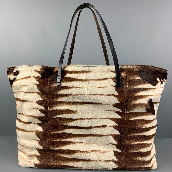FENDI Brown Cream Zebra Leather Calf Hair Tote Bag