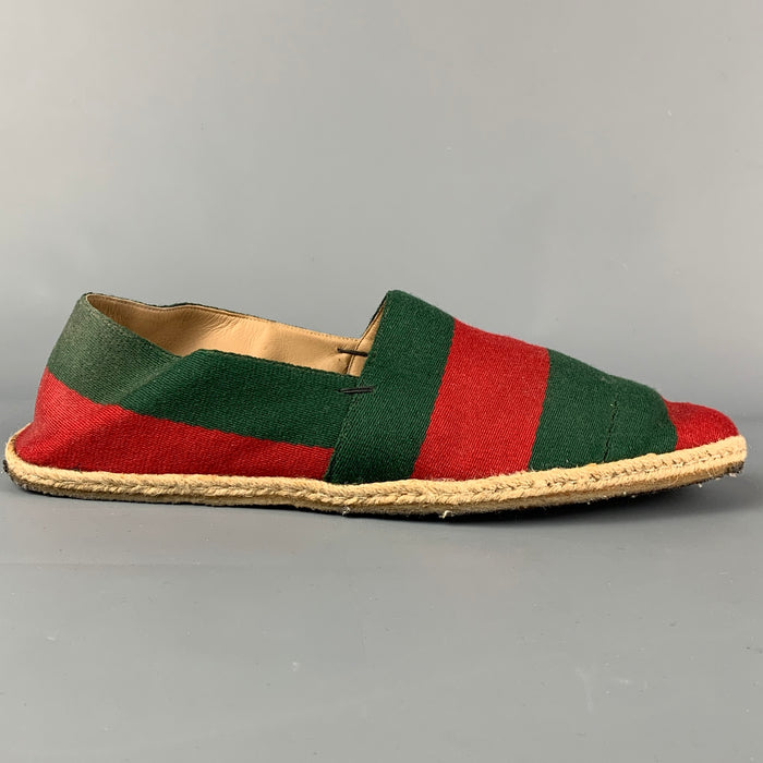 GUCCI Size 10.5 Green Red Stripe Canvas Espadrille Loafers