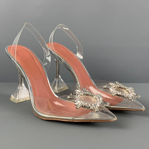 AMINA MUADDI Tamaño 8 Zapatos de tacón con tira trasera Begum con pedrería de acetato transparente plateado