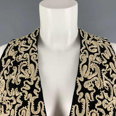 DONNA KARAN Size 6 Black Cream Wool Embroidered V-Neck Vest