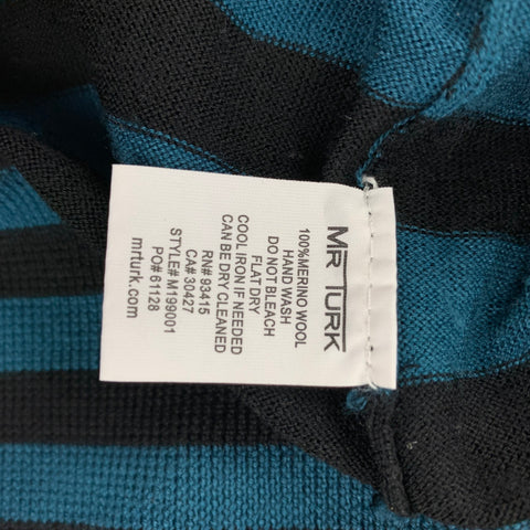 MR TURK Size L Teal Black Stripe Merino Wool Crew-Neck Pullover