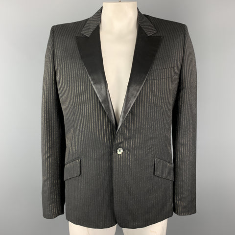ALEXANDER MCQUEEN Size 44 Charcoal & Gold Striped Shiny Peak Lapel Sport Coat