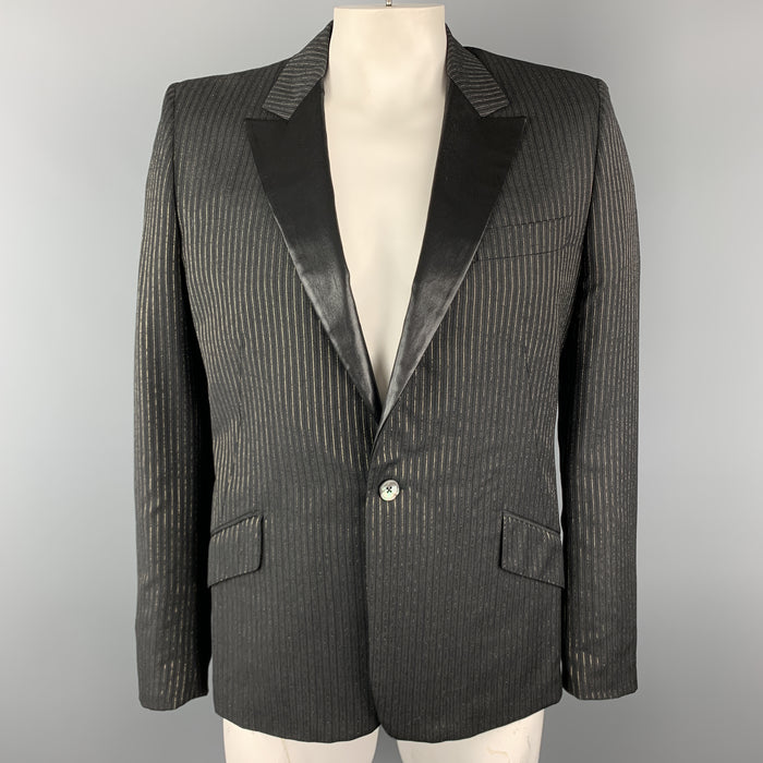 ALEXANDER MCQUEEN Size 44 Charcoal & Gold Striped Shiny Peak Lapel Sport Coat