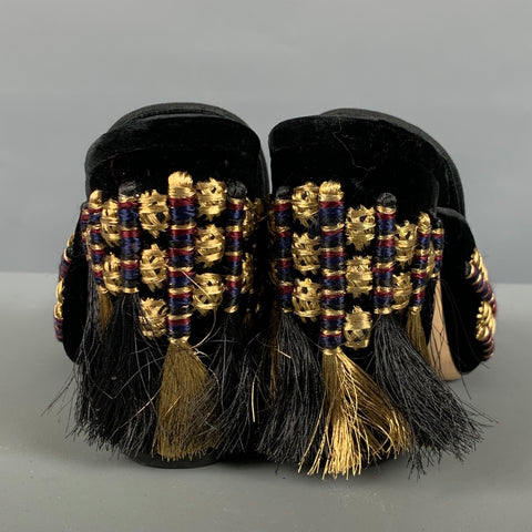 SANAYI 313 Zapatos de tacón tipo mulas bordados de terciopelo negro dorado talla 9