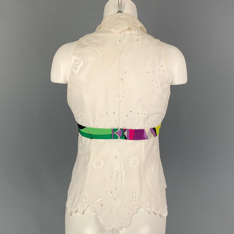 EMILIO PUCCI Talla 8 Blusa sin mangas bordada de algodón multicolor crema