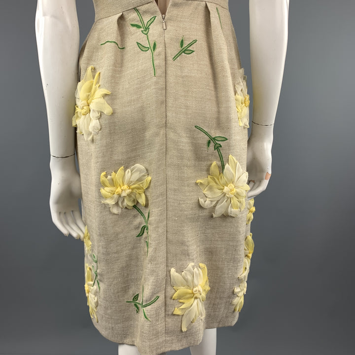 OSCAR DE LA RENTA Size 0 Taupe Woven Yellow Silk Flower Fit Flair Dress