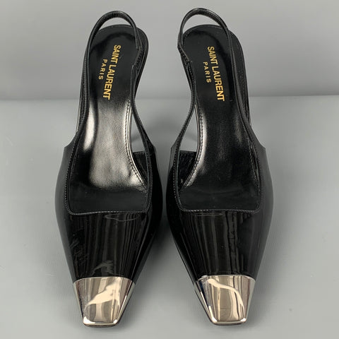 SAINT LAURENT Talla 7.5 Zapatos de tacón Vesper con tira trasera en charol negro y plateado