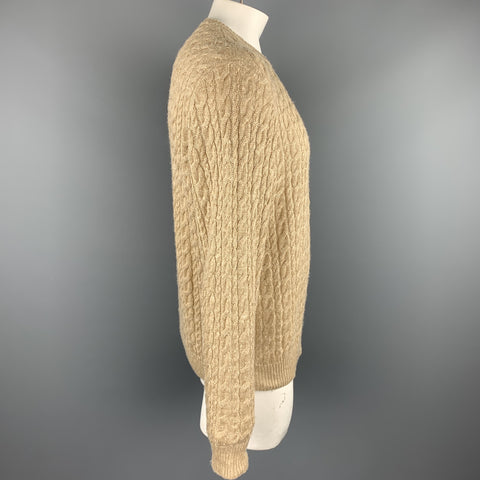 RALPH LAUREN Purple Label Size L Khaki Cable Knit Silk Blend Crew-Neck Sweater