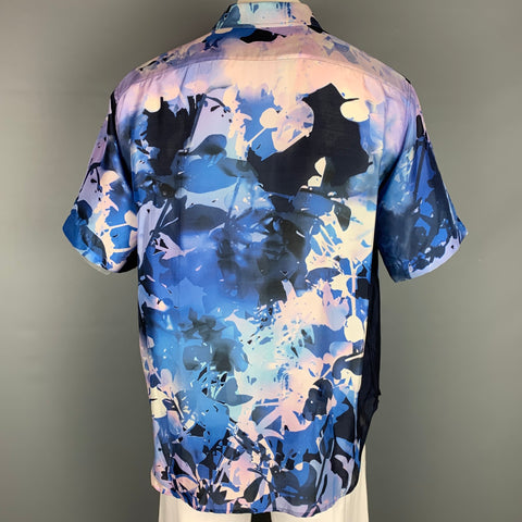 BRIONI Taille XXL Bleu &amp; Violet Blanc Chemise à manches courtes en soie florale abstraite
