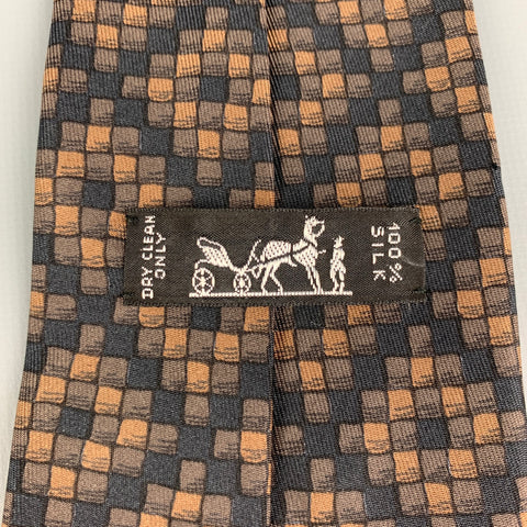 HERMES 398 EA Corbata de seda a cuadros marrón y negra