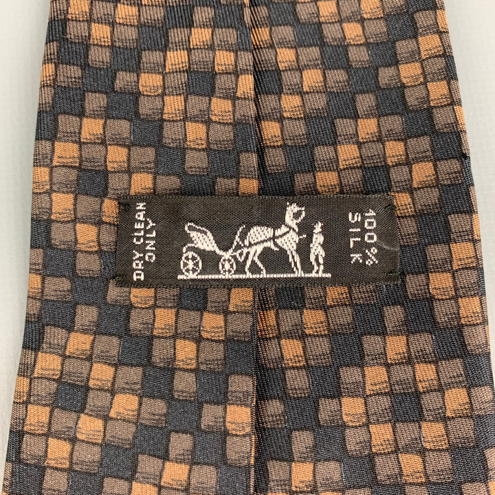 HERMES 398 EA Corbata de seda a cuadros marrón y negra