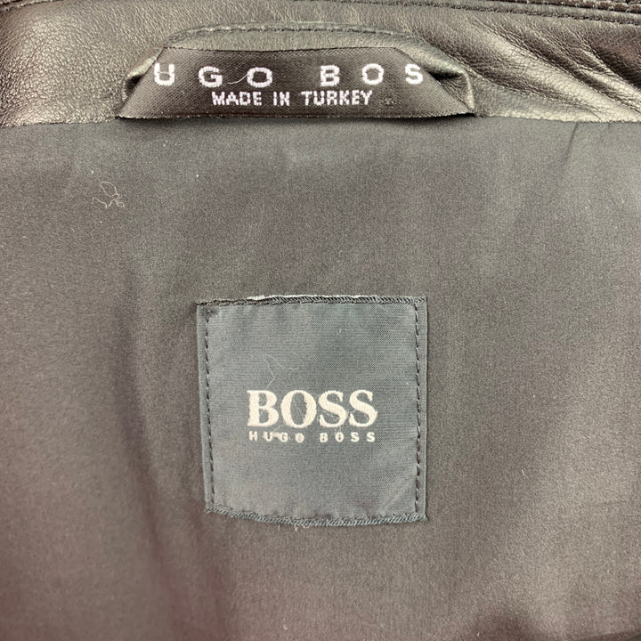 HUGO BOSS Size 40 Black Leather Notch Lapel Buttoned Jacket