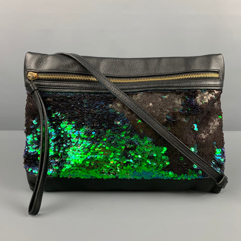 PAUL SMITH Black Green Sequined Leather Cross Body Handbag