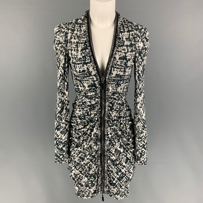 ALEXANDER MCQUEEN Size 2 Dark Green White Viscose Marbled Long Sleeve Dress