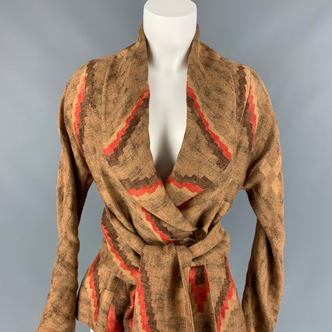 RALPH LAUREN Size 4 Tan & Brown Textured Linen Belted Jacket