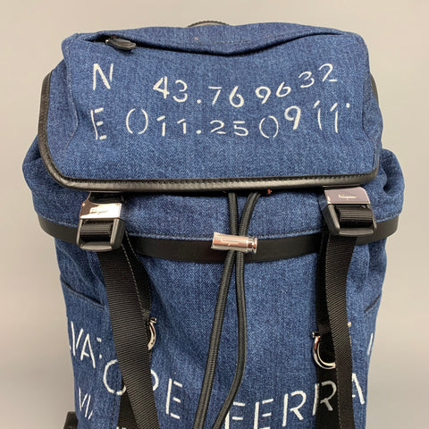 SALVATORE FERRAGAMO Indigo Print Denim Leather Trim Backpack