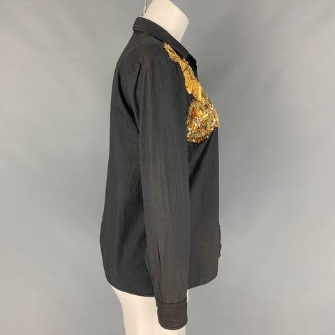 DRIES VAN NOTEN Size 4 Slate Gold Cotton Beaded Long Sleeve Blouse