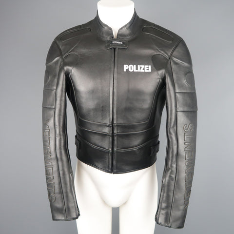 VETEMENTS XS Black Leather POLIZEI Cropped Moto Jacket