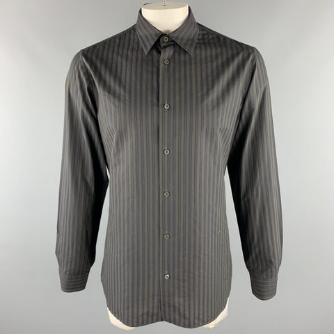 PRADA Talla L Camisa de manga larga con botones de algodón a rayas grises y azul marino