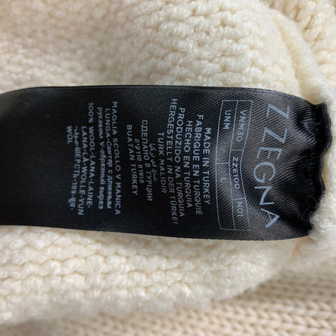 Z ZEGNA Size L Cream & Grey Stripe Knitted Wool V-Neck Heritage Sweater