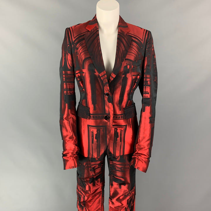 PAUL SMITH Take Pleasure Seriously Size 6 Red & Black Print Acetate Blend Ruched Pants Suit