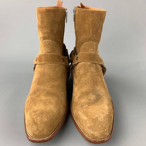 SAINT LAURENT Wyatt Talla 12 Botines con arnés de cuero color canela