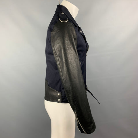 SANDRO Size M Navy & Black Patchwork Cotton Biker Jacket