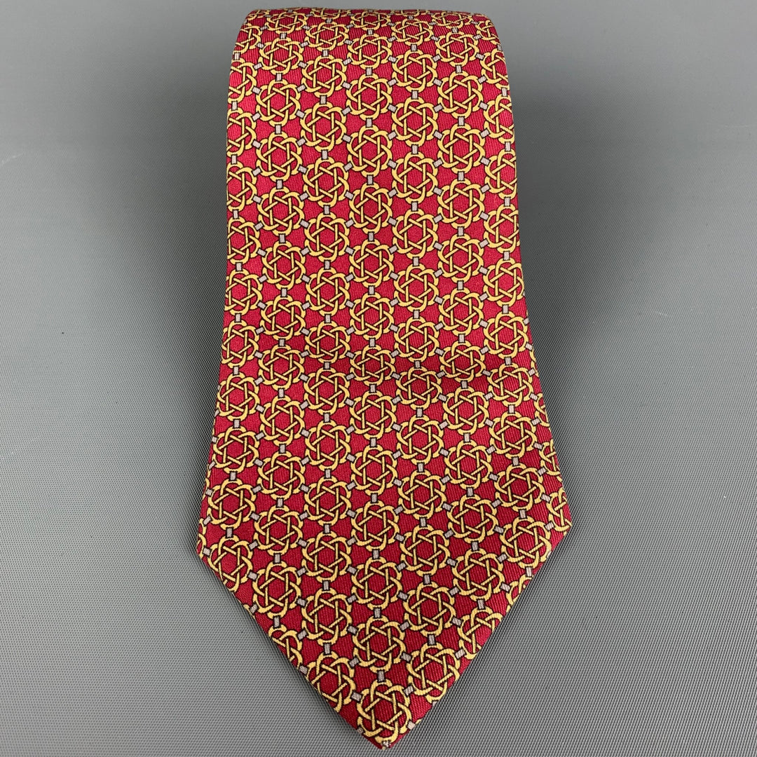HERMES 7122 FA Burgundy Gold Abstract Silk Tie