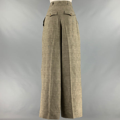HERMES Size 24 Brown Beige Linen Plaid High Waisted Dress Pants