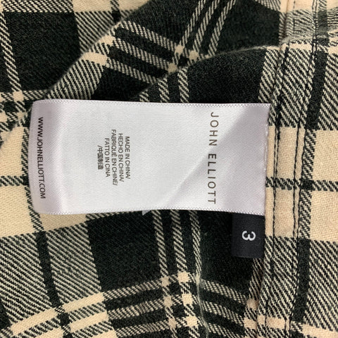 JOHN ELLIOTT Size L Black Beige Plaid Cotton Cropped Long Sleeve Shirt